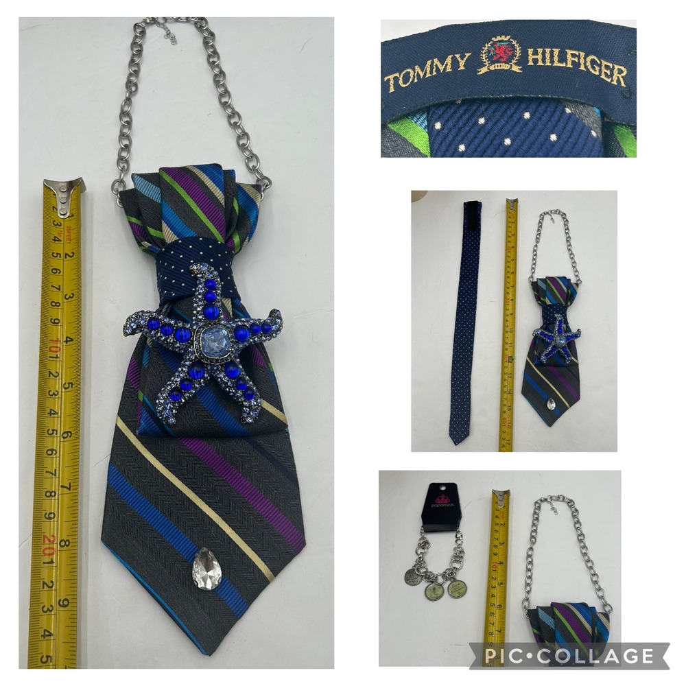 Tommy Hilfiger Upcycled Tie Necklace Blue Starfish Brooch Paparazzi Bracelet Set - Picture 5 of 13